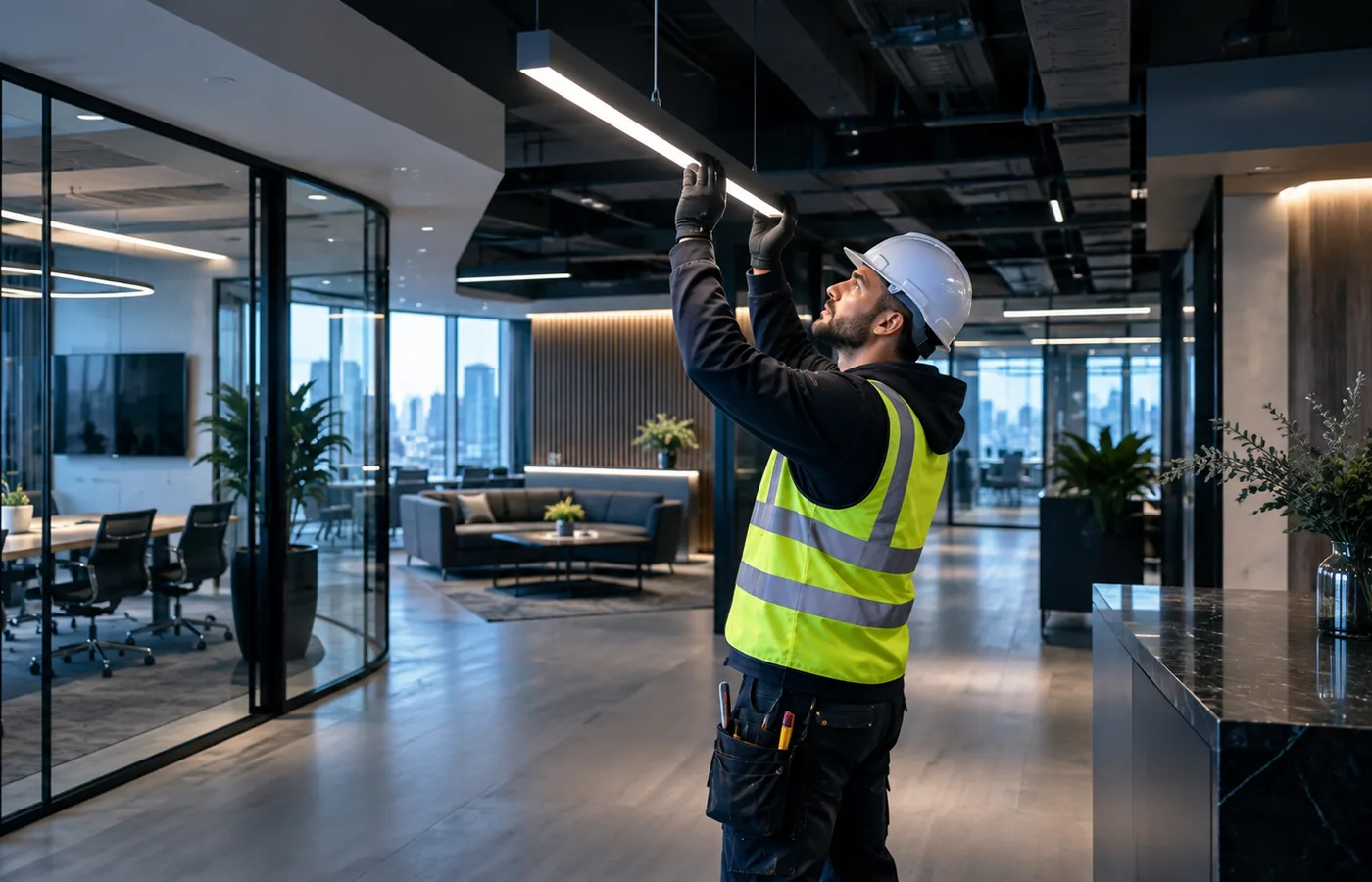 Electrician working on suspended lighting in a modern workplace