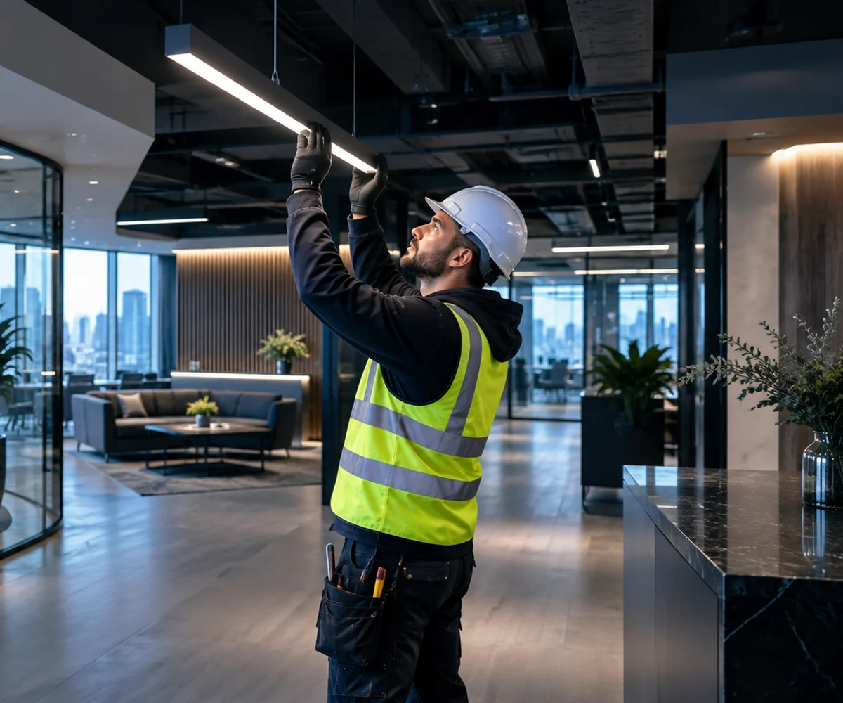 Electrician working on suspended lighting in a modern commercial interior