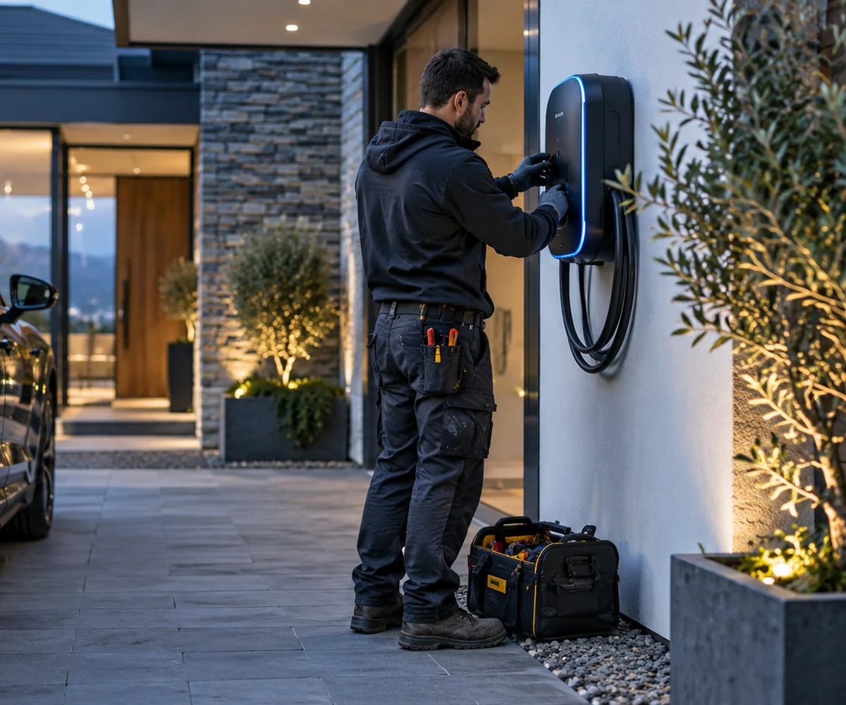 Electrician installing a home electric vehicle charging point