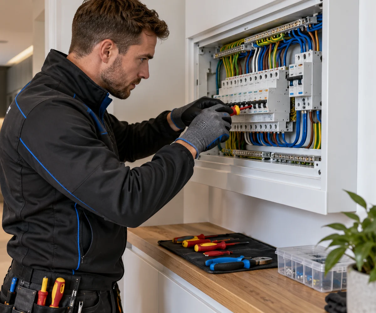 Electrician servicing a modern home consumer unit
